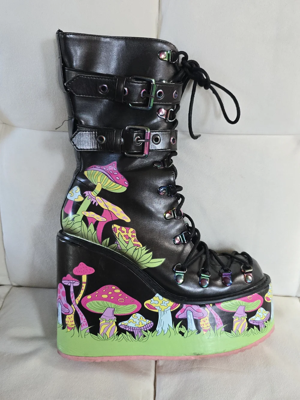 Black Platform Lace-Up Boots with Neon Mushroom Print